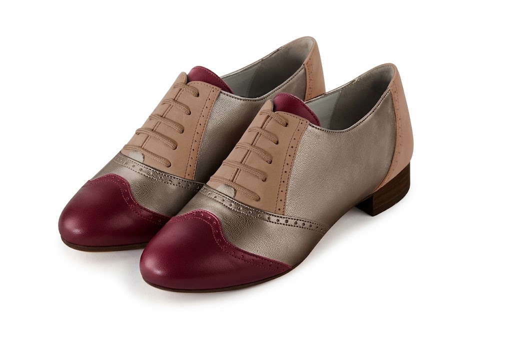 Explore handcrafted women's Oxfords and Derbies combining timeless tailoring, premium leather and refined everyday comfort, in burgundy and antique gold leather with round toe and leather sole